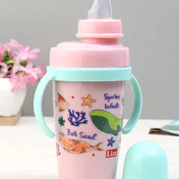 fab n funky Stainless Steel Twin Handle Straw Sipper 360ml - Pink| Leak Resistant| BPA Free| Hygiene Cap| Soft Silicone Straw| for Travel & School| Ideal Boy & Girls image 2