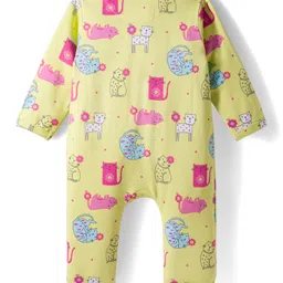 Babyhug Interlock Knit Full Sleeves Sleepsuit With Cat Print - Yellow image 2