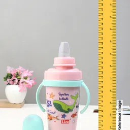 fab n funky Stainless Steel Twin Handle Straw Sipper 360ml - Pink| Leak Resistant| BPA Free| Hygiene Cap| Soft Silicone Straw| for Travel & School| Ideal Boy & Girls image 3
