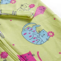 Babyhug Interlock Knit Full Sleeves Sleepsuit With Cat Print - Yellow image 3