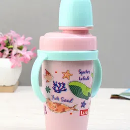 fab n funky Stainless Steel Twin Handle Straw Sipper 360ml - Pink| Leak Resistant| BPA Free| Hygiene Cap| Soft Silicone Straw| for Travel & School| Ideal Boy & Girls image 4