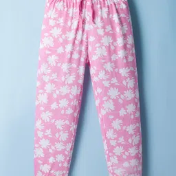 Honeyhap Premium Cotton Knit Full Sleeves Night Suit With Bio Finish & Floral Print - Bright White & Begonia Pink image 4