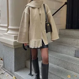 miss mosa by akanksha Alamode By Akanksha Beige Cora Oversized Woolen Jacket with Scarf-picture-32