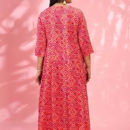 Globus Gloplus Women Red Round Embroidered Yoke Geometric Print Flared Hem Plus Size A-Line Kurta image 2