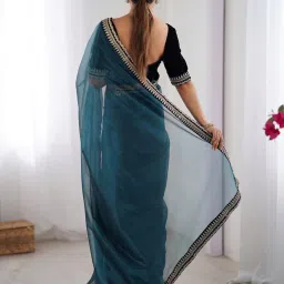 Saree Mall Teal blue Net Embellished Saree with Blouse Piece image 2