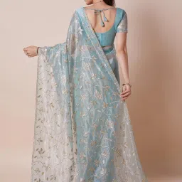 Saree Mall Light Blue Net Embellished Saree with Blouse Piece image 2