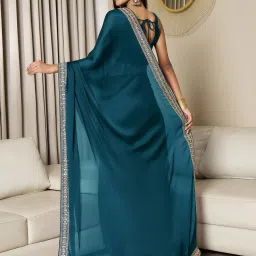 Saree Mall Teal blue Satin Embellished Saree with Blouse Piece image 2