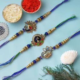eCraftIndia Set of 3 Blue & Golden Peacock Rakhis with Sibling Agreement & Roli Chawal Pack-picture-24