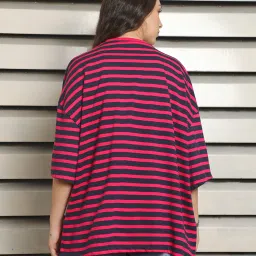 High Star Red & Black Cotton Stripes Oversized T-Shirt image 2