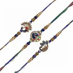 eCraftIndia Set of 3 Blue & Golden Peacock Rakhis with Sibling Agreement & Roli Chawal Pack image 5