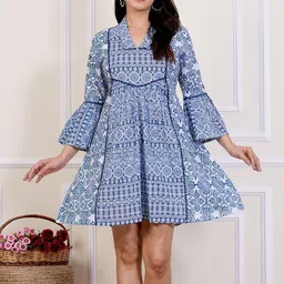 KALINI Women Blue Printed Cotton Fit and Flare Dresses-image-3