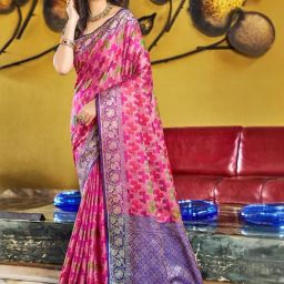 Satrani Rani Pink & Blue Woven Saree With Unstitched Blouse-picture-4