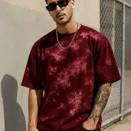 VEIRDO Men Dyed Round Neck Cotton Oversized T-shirt-image-0