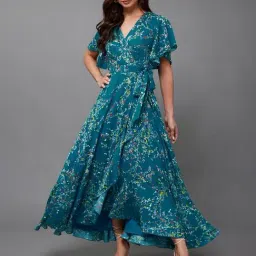 Miss Chase Turquoise Crepe Floral Maxi Dress-image-26