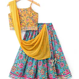 Babyhug Cambric Woven Sleeveless Choli Lehenga Set with Mirror Work & Dupatta - Blue-picture-17