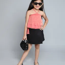 Taffykids Mesh Sleeveless Shimmered Cascades Ruffled Party Crop Top & Skirt Set - Red & Black-picture-12