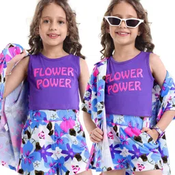 Ollington St.Cotton Floral Printed Co-ord set of Half Sleeves Shrug & Shorts with Inner Top - Light Blue & Purple-image-4