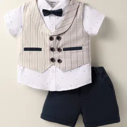 ToffyHouse Cotton Woven Half Sleeves Checks 3 Piece Party Suit With Bow - Navy Blue-image-76