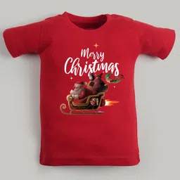 FFlirtygo Christmas Theme Cotton Half Sleeves Merry Christmas With Ride Printed T-Shirt - Red-picture-28