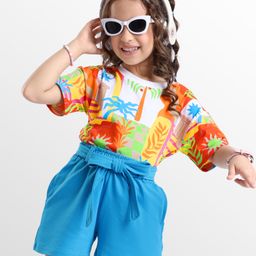 Ollington St. Cotton Knit Half Sleeves Printed Top & Shorts Set With Belt - White & Blue-picture-31