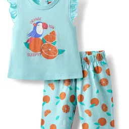 Babyhug Cotton Knit Frill Sleeves Capri Night Suit With Parrot & Orange Print - Light Blue-picture-13
