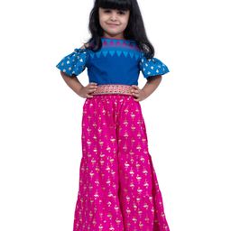 Twisha Cotton Woven Cold Shoulder Half Sleeves Club & Flamingo Foil Printed Crop Top & Sharara Set - Blue & Pink-picture-13