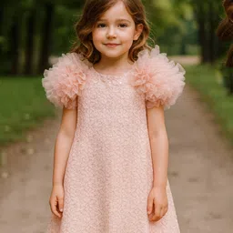KIDSDEW Lace Woven Half Sleeves Embroidered & Sequins Embellished Dress - Peach-picture-27
