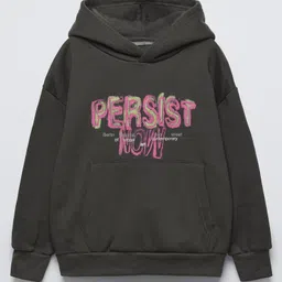 ALAN JONES Cotton Blend Knit Full Sleeves Persist Text Printed Light Winter Oversized Hoodie - Anthracite Grey-image-61