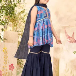 Muhuratam Girls Ethnic Wear Blue Colour Abstract Print With Lace Georgette Kurti Sharara Set image 4