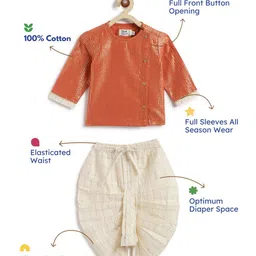 Tiber Taber Cotton Lurex Woven Full Sleeves Foil Striped & Checked Dhoti Kurta Set - Orange image 4