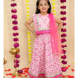 BownBee Pure Cotton Woven Sleeveless Floral & Cows Printed Gota Lace Embellished Lehenga Choli With Dupatta Set - Pink image 4