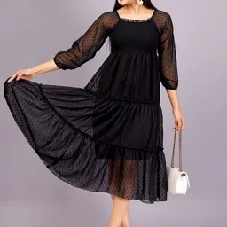 KALINI Puff Sleeve Georgette Empire Midi Dress-image-1