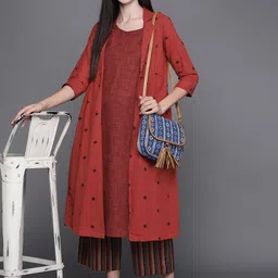 Biba Women Maroon & Black Cotton Printed Layered Pure Cotton Kurta with Palazzos & Jacket image 4