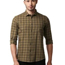 Basics Khaki Cotton Slim Fit Checks Shirt-picture-30