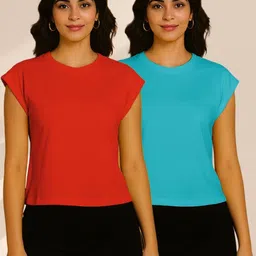 FBAR Women Pack of 2 Solid Round Neck Pure Cotton T-shirts image 4
