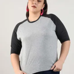 Instafab Plus Grey Cotton Regular Fit Color-Block Top-image-8
