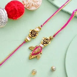 Aapno Rajasthan Beautiful Gold Rose & Leaf Bhaiya Bhabhi Rakhi Set image 2