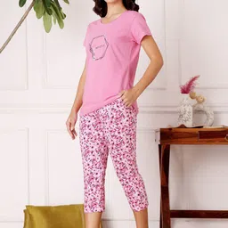 Bodycare Women Cotton Printed T shirt & Capri Night suit image 5