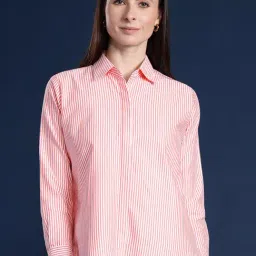 Hancock Coral & White Cotton Striped Shirt-image-14