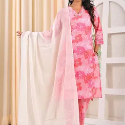 Moktika Floral Printed Pure Cotton Straight Kurta With Trouser & Dupatta-picture-20