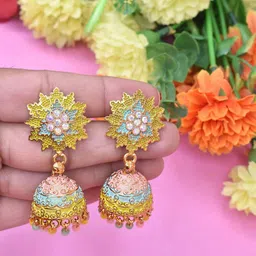 MEIRA JEWELLERY Artificial Stones Studded & Beaded Dome Shaped Jhumkas-picture-16