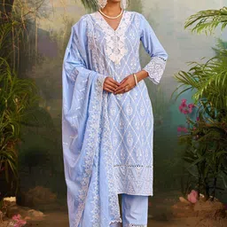 Indo Era Women Ethnic Motifs Embroidered Regular Chikankari Pure Cotton Kurta with Trousers & With Dupatta-picture-13