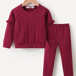 Kookie Kids Full Sleeves Frill Detailed Top & Leggings Co-Ord Set - Maroon-picture-19
