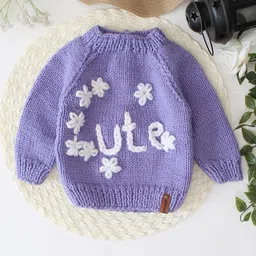 Woonie Full Sleeves Handknitted Cute Text Embroidered Sweater - Purple-picture-21
