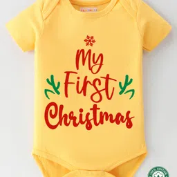 BLUSHES Christmas Theme 100% Cotton Half Sleeves My First Christmas Text Printed Onesie - Yellow-picture-27