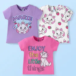 Babyhug Disney Single Jersey Knit Half Sleeve T-Shirt with Aristocats Marie Graphics Pack of 3 - Lilac Pink & White-picture-35