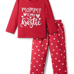 Babyhug Cotton Knit Full Sleeves Night Suit with Heart Print - Red-picture-18