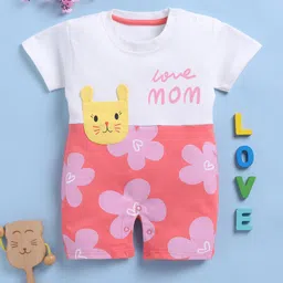 TOONYPORT Cotton Knit Half Sleeves Love Mom Text & Floral Printed Romper - Pink-picture-20