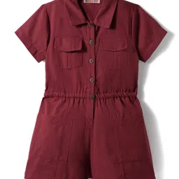 kookie kids india Kookie Kids Cotton Woven Half Sleeves Front Open Solid Jumpsuit - Brown-picture-33