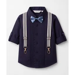 Mark & Mia Woven Full Sleeves Solid Color Pleated Party Shirt with Bow & Suspender Detailing - Navy Blue-picture-19